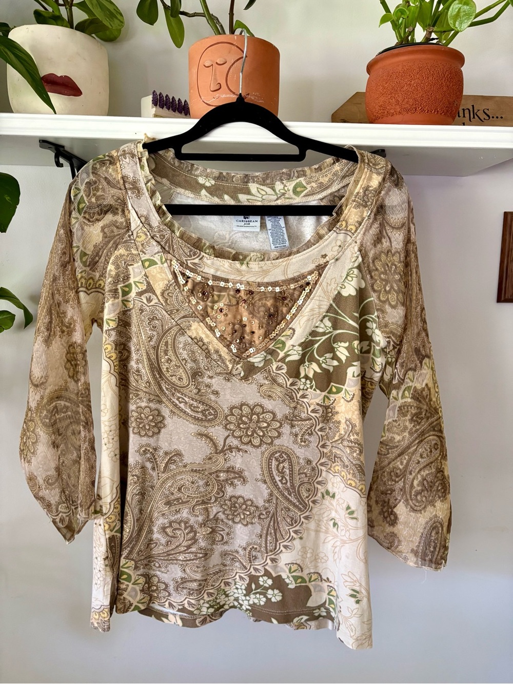Caribbean Joe Beige and Brown Paisley Embellished Scoop Neck Blouse